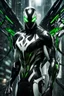 Placeholder: Cyborg symbiote, white color, green color, tendrils, high tech, cyberpunk, biopunk, membrane wings, carbon fiber, cyber tentacles, and the other two.