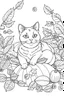 Placeholder: create a coloring page that Illustrate cat in a pile of autumn leaves, with pumpkins and acorns scattered around. full image