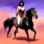 Placeholder: ultra detailed portrait of beautiful Vampirella Riding a black horse,wearing plate armor, extremely detailed digital painting, in the style of Earl Norem and fenghua zhong and ruan jia and jeremy lipking and peter mohrbacher, mystical colors, rim light, beautiful lighting, 8 k, stunning scene, raytracing