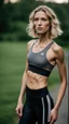 Placeholder: photography of a beautiful anorexic woman, grey satin triathlon top, sports illustrated, blond short wavy bob haircut, pronounced sternum, flat chest, anthracite cycling leggins