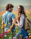 Placeholder: young sweet couple bagbacker happy walking and smiling in Realistic photography of a field of wildflowers, soft natural lighting, vibrant colors, intricate details,peaceful and serene atmosphere.