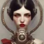 Placeholder: girl, cute, beautiful, white eyes, red lips, black hair with bangs, steam punk, close up portrait by Greg Rutkowski