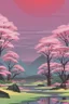 Placeholder: a land scape of Japanese garden, in a red moon sky, surrounded by cherry blossom trees, cel shading