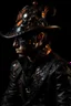 Placeholder: hndsome faced young black jaguarman shaman gothic decadent adorned with filigree bronze patinated dust textured goth decadent black leather filigree ribbed jaguarman hat heanddress wearing gothica decadent copper and platina colour gradient goth vantblack steel lace ribbed leather tuxedo embossed art nouveau florals,orange agate black onix stone pearls ornated jacket organic bio spinal ribbed detail of gothic style decadent rainy background extremely detailed hyperrealistic gothica portrait art