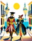 Placeholder: Pareja hombre y mujer con disfraz en el carnaval de Venezia caminando por Venezia mascara vestido hasta el suelo pantalones gráfica vectorial 2d detallada cielo claro soleado