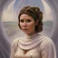 Placeholder: hyperspace background, complete and photo realistic detailed head to waist stunning photo realistic portrait of carrie fisher as Princess Leia in star wars with photo realistic wedding hairstyle by Mandy Jurgens and mucha and Richard Schmid and chuck close and chie yoshii, extraordinary and detailed ceremony dress of star wars,brown eyes