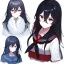 Placeholder: Clear focus, High resolution, rough line sketch art, long black hair, hair between eyes, fluffy hair, purple eyes, wearing a black and red sailor uniform, staring at you