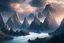 Placeholder: clouds and mountains near water, science fiction landscape, photography, ultra hd 4k, hyperrealism