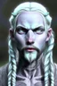 Placeholder: A tieffelin with blue skin and white Dreadlock hair. His pupil-less eyes are green. He wears a small beard. His horns are black and curved backwards. He wears a beige tunic.