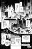 Placeholder: explosion in city, manga page, greyscale