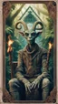 Placeholder: Pans labyrinth, framed playing card, close up portrait of a happy blessed immaculate dissolved ancient magical scaly slimy weird alien mad max soldier posing for photo shoot on a throne, holding a burning sceptre, in a space alien mega structure with stairs and bridges woven into a sacred geometry knitted tapestry in the middle of lush magic jungle, bokeh like f/0.8, tilt-shift lens 8k, high detail, smooth render, down-light, unreal engine, prize winning