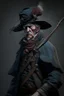 Placeholder: 70 years old victorian bloodborne soldier with a musket, bandana and scally cap