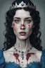 Placeholder: Uma mulher de cabelos pretos ondulados, olhos azuis, pele bem branca com sardas no rosto e algumas marcas de nascença no pescoço. Uma coroa manchada de sangue na cabeça, um vestido azul decotado