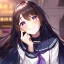 Placeholder: Clear focus,High resolution,High quality, Wearing a sailor uniform, Black long straight hair, Purple sparkling eyes, Hand on mouth, Crying, Smiling