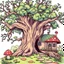 Placeholder: outline art for square twisted old oak tree mushroom cottage full vivid colored page for kids, classic manga style, anime style, realistic modern cartoon style, full color background, sketch style, only use outline, clean line art, no shadows, clear and well outlined
