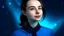 Placeholder: Portrait of pretty lady wearing a blue collar on space background