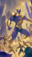 Placeholder: hero with golden spandex fighting a horde of aliens, city in the background