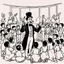 Placeholder: A magician stands in front of a group of children who sit in front of him on a mat on the floor and pulls out a rabbit from a top hat, the children look open-mouthed and wide-eyed and clap their hands, in the background a parrot stands on a pole and observes what is happening