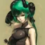 Placeholder: Detailed cute anime Kunoichi girl, green hair buns, greem bangs, black latex bodysuit, intricate details, full body portrait, keep head in frame, slight smile, black Japanese motif, concept art, highly detailed, digital painting, concept art, sharp focus, illustration, art by Yoji Shinkawa, WLOP and greg rutkowski and alphonse mucha and artgerm and yanjun Chen and Junji ito and Makoto Shinkai, HDR, octane render