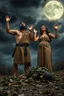 Placeholder: A Stone Age man and his wife , ,wearing an animal skin cloths standing with anger , looking up to the sky , raising both hands up like prayer. His baby who is laying dead on the ground covered with leaves, A cloudy stormy behind a dim lighting moon ,4k, dramatic scene,