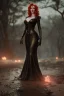 Placeholder: Christina Hendricks as evil queen in black leather gown, cleavage, angry, unreal 5, octane render,cinema4d, dynamic lighting, dramatic lighting, 4k, redshift render, highly detailed, hyper realistic