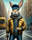 Placeholder: Conejo antropomorfico con chaqueta, Jens, tennis y gorra en la ciudad, full body, arte de ilustración, calidad ultra, hiperdetallado, maximalista, increíble obra de arte, 12k