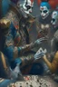 Placeholder: A harlequin character, playing cards with other people , sf, intricate artwork masterpiece, ominous, matte painting movie poster, golden ratio, trending on cgsociety, intricate, epic, trending on artstation, by artgerm, h. r. giger and beksinski, highly detailed, vibrant, production cinematic character render, ultra high quality model