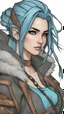 Placeholder: Yasuo , bits of color, Sketch book, hand drawn, dark, gritty, realistic sketch, Rough sketch, mix of bold dark lines and loose lines, bold lines, on paper, turnaround character sheet, female half elf, Full body, arcane symbols, runes, dark theme, flowing partially braided pale blue hair, beautiful, handsome, padded leather clothing embroidered with runes, modest, leather rune embroidered boots