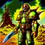 Placeholder: 90's TCG art retro fantasy art of nuclear warrior with huge pauldrons in wasteland