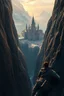 Placeholder: a medieval city at the end of a steep, narrow, 3.000 feet tall ravine. a man climbing the mountain with rob . fantasy concept art, dynamic lighting, hyperdetailed, intricately detailed, deep color, Unreal Engine, volumetric lighting, Epic cinematic brilliant stunning intricate meticulously