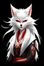 Placeholder: kitsune, girl, white hair and fox ears,fluffy ears,black background,hight details, high quality,simple drawing style,fantasy, white nose,samurai armor