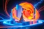 Placeholder: A surreal cosmic architectural composition featuring an elegant woman in a flowing multicolored gown standing at the center of an abstract floating structure in deep space. The structure is composed of geometric blue cubes and blocks arranged in an artistic formation, adorned with massive glowing spiral rose shapes in vibrant orange-gold and electric blue colors. Dynamic light trails and energy ribbons swirl around the composition in neon blue and warm orange tones. The background features a sta