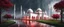 Placeholder: Hyper Realistic massive huge white-red mosque at a rainy night with grassy pathway & big date trees