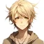 Placeholder: Anime style, teenage boy, feathery blonde hair, brown eyes, tan skin, scrawny and lanky,