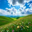 Placeholder: beautiful Green hills covered with flowers colorfull ,blue sky heavy clouds with godray ,very nice flowers at closeup ,wonderfull mountains at distance