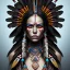 Placeholder: war painted pueblo Indian female, dark, disturbed expression.intricate detailethnically accurate face, intricate head dress, detailed make-up, detailed turquoise jewelry, detailed hair, detailed feathers, use dynamic palette, accurate proportions, high contrast.