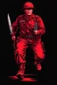 Placeholder: Italian soldier(uniform and face based on racist steriotypes) running towards viewer, a knife i one hand, and a gun(barrel pointing at viewer) in the other. blocky retro 1960's jack kirby style poster in monochrome with white background