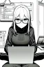 Placeholder: hacker girl with glasses use a laptop sitting in a cafe, line arts, greyscale