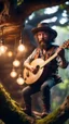 Placeholder: portrait of hairy rock banjo ninja sweet cucumber cowboy living inside a tree house in a hollow huge tree growing light bulbs, singing in the spotlight with smoke coming from below,bokeh like f/0.8, tilt-shift lens 8k, high detail, smooth render, down-light, unreal engine, prize winning