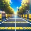 Placeholder: yellow brick road, road signs, arrows, direction, anime girl walking, detail on the girl