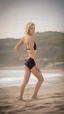 Placeholder: anorexic beautiful 19 year old woman, total shot, triathlon swimsuit, short blonde wavy bob hair, blurred beach background