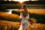 Placeholder: wide angle shot of golden wheat field next to river ,a watermill on river, a beautiful girl in pretty long dress walking in