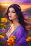 Placeholder: With a cascade of dark hair flowing, Her kind eyes, like gentle winds blowing, She gazes at the sunset's vibrant hue, Orange, purple, yellow, a kaleidoscope view. In the embrace of the spring's gentle spell, Her heart awakens, where beauty does dwell, A world so colorful, ablaze with life's zest, She becomes part of nature's eternal quest.