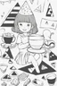 Placeholder: A little girl with a triangular party hat, enjoying a tea party with geometrically shaped cookies and cups. Use triangles for the hat, cookies, and other party decorations. very happy , Colloring page for todlliers ; basic hawali style cartoon , black and white , ink outlines , , smooth , anime style , minimalist , cute eyes , full body , white shose , sketchbook , realistic sketch , free lines , on paper , character sheet , clean line art high detailed