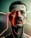 Placeholder: Ultra realistic photographic night portrait, cinematic, naked, shave hair <man> <hanging wires> many wires coming out of the head <perfect pupil> <cyborg> <garage> <wide angle Shot> <sci-fi futuristic> <thriller>, fog, soft color, highly detailed, unreal engine 5, ray tracing, RTX, lumen lighting, ultra detail, volumetric lighting, high definition.