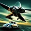 Placeholder: a high definition screen shot of a jet-fighter vw-beetle, retrofuturistic, phototrealism, in flight, one subject, should have wings with atleast one exposed jet on each wint or one coming throught thr front and center of the vehicle.