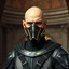 Placeholder: bald male corellian jedi wearing gunmetal grey and black old republic armored flightsuit and breath mask with gold and metallic red trim inside the jedi temple, centered head and shoulders portrait, hyperdetailed, dynamic lighting, hyperdetailed background, 8k resolution, volumetric lighting, light skin, fully symmetric details