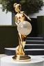 Placeholder: A magnificent cristal and gold heart-shaped sign adorned with a stunning berliant sphere encrusted with sparkling diamond clusters at its center, elegantly spinning in position,a golden Statue of a girl in standing pose,wearing 1960 clothing