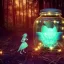 Placeholder: Pixies and Fairies in a belljar ,glowing ,free, small and big, many fairy lights inside a forest, ghostly lights, polaroid, symmetry, bioluminescence, luminescent glow, moody, tender, photorealistic, octane render, golden hour