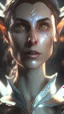 Placeholder: elf woman, pointed ears, freekles, brown hairs in bob, white lock, a masterpiece, dynamic lighting, hyperdetailed, splash screen art, trending on Artstation, deep color, Unreal Engine, volumetric lighting